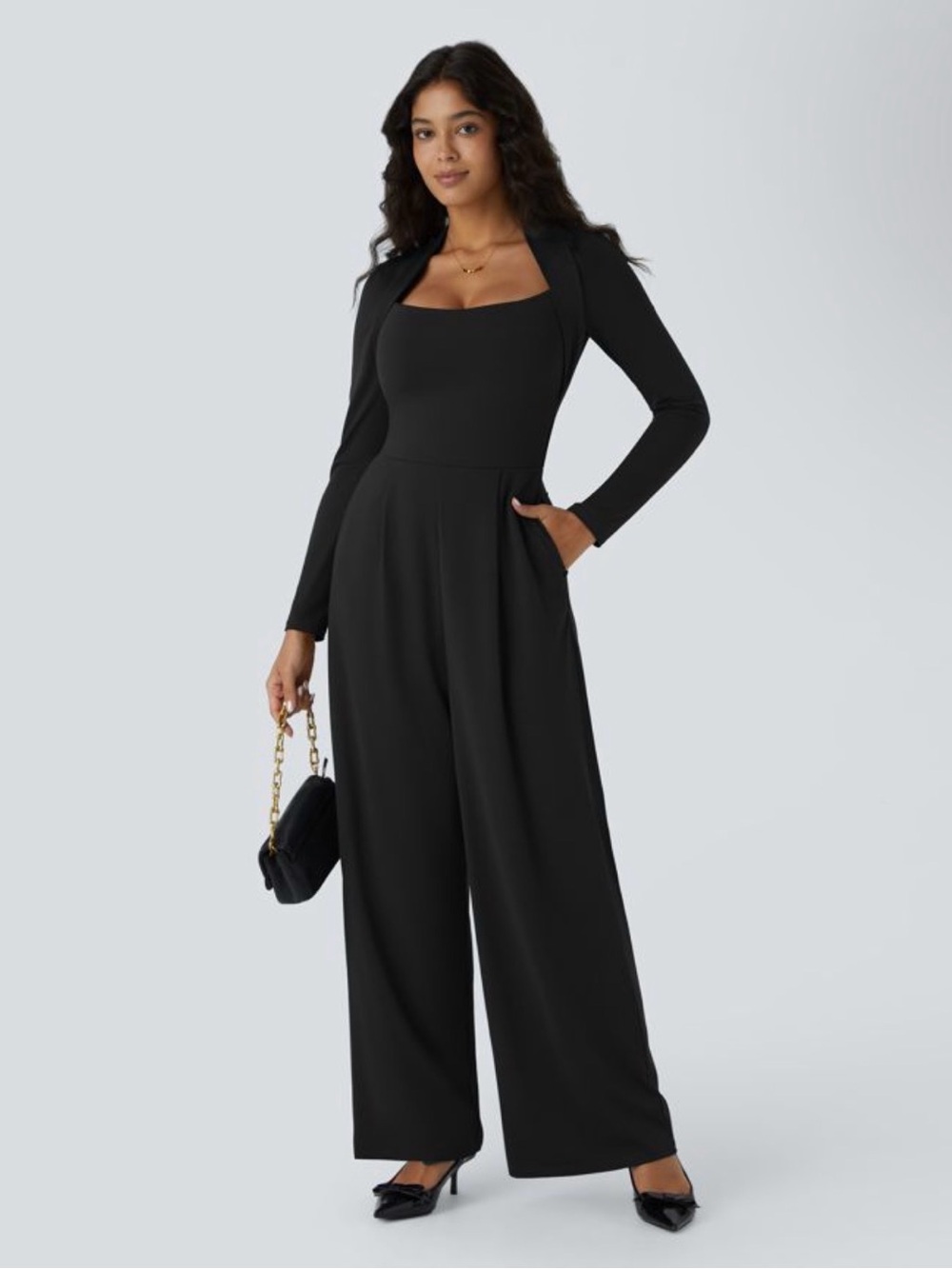 🖤🔥🤩 NWT Halara Easy Peezy Black Long Sleeve Wide-Leg Jumpsuit XL Regular